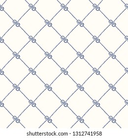 Hand-Drawn Rope Diagonal Plaid with Zeppelin Bend Nautical Knots Vector Seamless Pattern. Blue White Marine Background