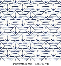 Hand-Drawn Rope Frames with Anchors and Stripes Vector Seamless Pattern. Monochrome Blue Marine Small Scale Background