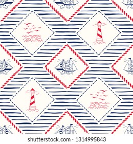 Hand-Drawn Rope Frames with Ship, Lighthouse, Seagulls Scenery and Stripes Vector Seamless Pattern. Marine Background
