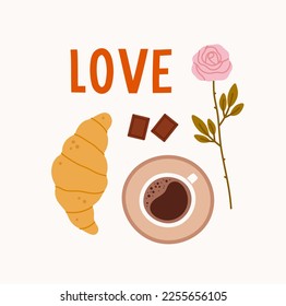 rosa dibujado a mano, taza de café, chocolate, cruasán y letras a mano. Concepto del día de San Valentín, romance, amor. 