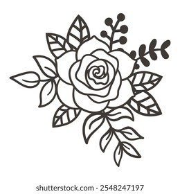 Composición de Rose dibujada a mano, elemento de diseño de Rose. Ilustración vectorial en blanco y negro.