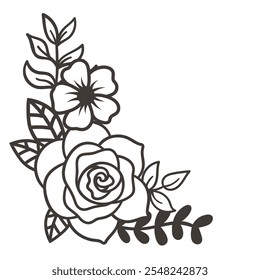 Diseño de la esquina de Rose dibujado a mano, Clipart de línea de ramo de flores. Ilustración vectorial en blanco y negro.