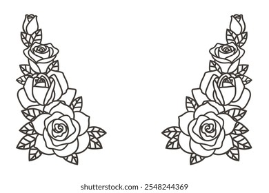 Ilustración de la esquina de Rose dibujada a mano, elemento de diseño de línea de ramo de flores de Rose. Ilustración vectorial en blanco y negro.