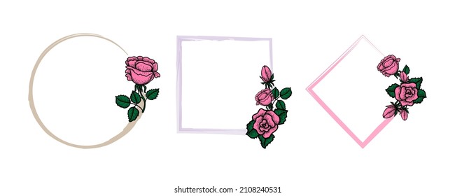Hand-drawn rose in doodle style. A set of rose frames. Flowers. Symbol. Valentine's Day. Vector image of pink roses on white background. 