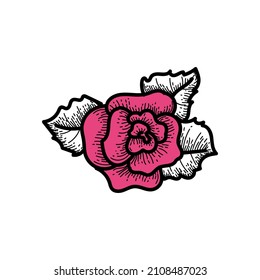 Hand-drawn rose flower in doodle style. Pink rose with leaves. Flower. Symbol. Invitation. Valentine's Day. Vector image of a rose on a white background. 