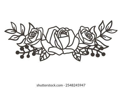 Diseño de guirnalda de rosa dibujado a mano, elegante borde floral con rosas, Ilustración vectorial.