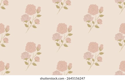 Hand-Drawn Rose Seamless Pattern with Leaves in Beige Tones
