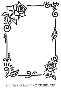 Marco de doodle de temática rosa dibujado a mano con bordes florales con rosas y Elementos de doodle decorativos. Esta Ilustración vectorial es ideal para diseños románticos, invitaciones de boda, tarjetas de felicitación, carteles, contenido de redes sociales, marca, papelería y diseños decorativos. Adecuado para uso digital e impreso, ofreciendo un estilo botánico y artístico elegante para varios proyectos creativos.