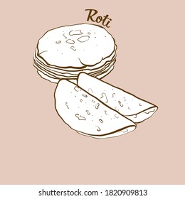 Hand-drawn Roti bread illustration. Flatbread, usually known in India, Pakistan. Vector drawing series.