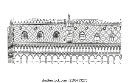 Hand-drawn rough black and white sketch of the Doges Palace in Venice, Italy. Vector line illustration of the Italian landmark