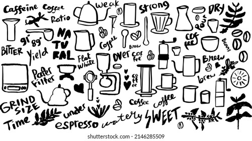 Fondo del conjunto de ilustraciones de café en bruto dibujado a mano