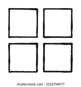 Hand-drawn rough edge square frames. A quartet of black squared border shapes with grungy edges. Isolated on a white background.