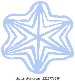 Hand-drawn rough hexagonal blue snowflake. Simple vector winter precipitation doodle isolated on transparent background