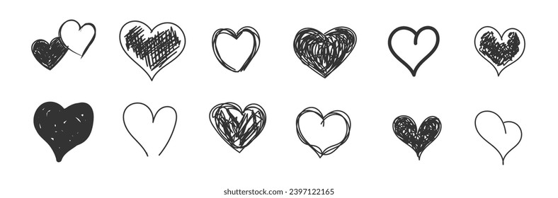 Handdrawn rough marker hearts. Black heart hand drawn. Icon cute doodle. Romance and love illustrations. Loving cute sketched hearts drawing elements for greeting cards or valentines day vector design