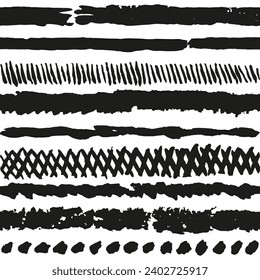 Hand-drawn rough seamless repeating monochrome pattern of ragged lines, stripes, dots and hatching grid. Black striped vector texture isolated on transparent background