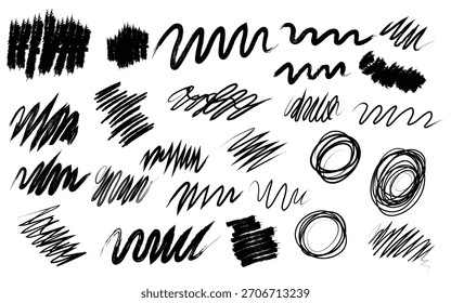 Handgezeichnete raue Skizze Scribble Strokes Collection, chaotische Marker Textur Linien, künstlerische Tinte Stroke Elemente für kreatives Design und abstrakte Hintergründe"