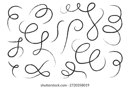 Vector de icono de remolino y líneas de rizo dibujado a mano. Bocetos de lápiz negro rizado o arremolinado. trazos de pincel rizado, símbolo de garabatos de marcador. Ilustración vectorial.