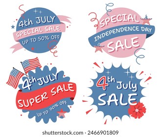 Handdrawn round banners 4th of july sale. Vector design for social media ads, web ads, discount flyers.