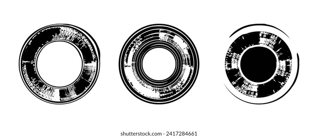 A hand-drawn round black ink element. A circles sketch frame set. enhanced by a dry brush stroke effect. A vector illustration in a grunge frame texture collection.