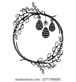Hand-drawn round decorative frame made of willow, Easter eggs and floral elements