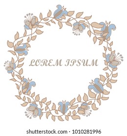 Hand-drawn round flower frame on a white background.