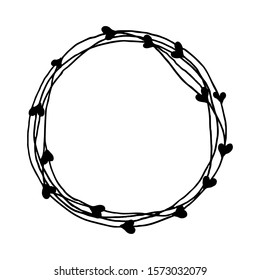 Handdrawn round frame with hearts. Design element for flyer, web, wedding and other invitations or greeting cards. Vector. 