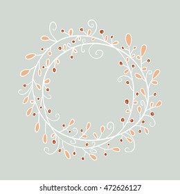 Hand-drawn, round frame. Round frame made of branches with leaves and berries. Autumn, vintage colors. Wreath painted by hand.