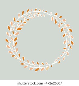Hand-drawn, round frame. Round frame made of branches with leaves . Autumn, vintage colors. Wreath painted by hand.