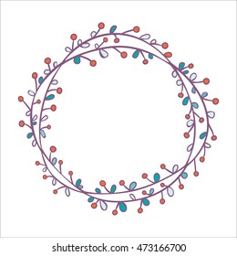 Hand-drawn, round frame. Round frame made of branches with leaves and berries. Winter , vintage colors. Wreath painted by hand.