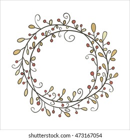Hand-drawn, round frame. Round frame made of branches with leaves and berries. Autumn, vintage colors. Wreath painted by hand.