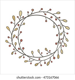 Hand-drawn, round frame. Round frame made of branches with leaves and berries. Autumn, vintage colors. Wreath painted by hand.