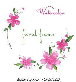 hand-drawn round frame made of flowers and leaves - vector illustration in watercolor style