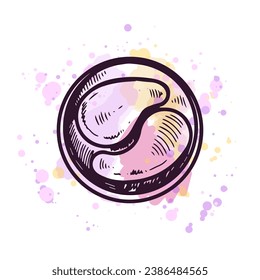 Hand-drawn round jar with eye patches, cosmetic element, self care. Illustration on a watercolor pastel background with splashes of paint. Useful for beauty salon, cosmetic store. Doodle sketch.