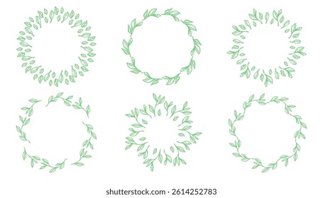 Hand-drawn round line border with leaves and flowers. Elegant minimal style floral set for wedding invitations, cards, logo designs, and posters. Perfect for stylish templates.