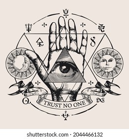 Hand  drawn round vector emblem and all  seeing eye God an open palm  Human hand and eye Providence in triangle  sun  moon  esoteric symbols  alchemical signs   inscription Trust no one