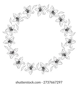  Hand-drawn round wedding frame featuring floral designs. The frame is empty in the center, ideal for adding personalized text or messages.