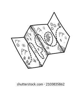 Hand-drawn route. Paper folding map with route editable doodle hand drawn icon. Map for camping, hiking, local tourism illustration.