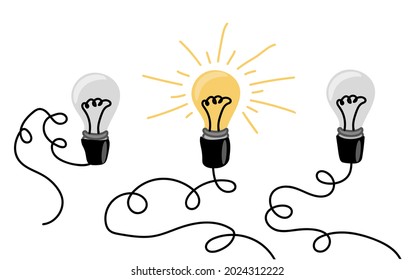 Hand-drawn row of light bulbs isolated on white background.  Concept of idea. Vector illustration in doodle style