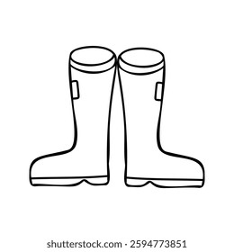 Hand-drawn rubber boots illustration in black and white. Minimalist outdoor-themed doodle, perfect for rainy day designs, gardening, and countryside fashion
