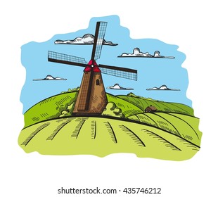 Hand-drawn the rural landscape with the scene of the windmill