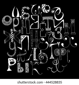 Handdrawn russian doodle alphabet. Random letters. Vector Background.