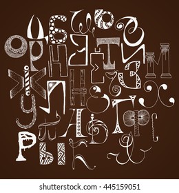 Handdrawn russian doodle alphabet. Random letters. Vector Background.