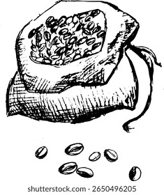 Sacos de grãos de café estirados à mão, com sementes de café espalhadas  