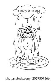 A hand-drawn sad cat standing in the rain, soaking wet cat, A tough day card, funny cat card