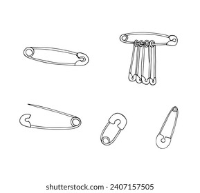 Hand-drawn Safety fixing pin set isolated on white background. Sewing safety pin collection. Doodle style vector illustration.