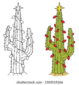 Hand-drawn Saguaro Cactus With Christmas Lights And A Star