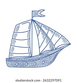 Hand-drawn sailboat in blue outline on white background. Nautical vintage style. Perfect for summer designs, kids prints, or marine-themed projects. Vector illustration