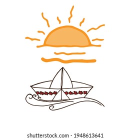 hand-drawn sailboat icon! Featuring a paper sailboat against a nature background with sunlight. Perfect for holiday-themed designs, travel visuals, and serene maritime illustrations.