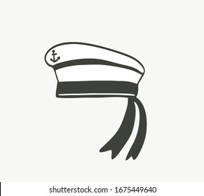 Hand-drawn sailor cap of a sailor, sailor, visor with an anchor badge, with ribbons. Isolated vector illustration. Ready emblem for print.