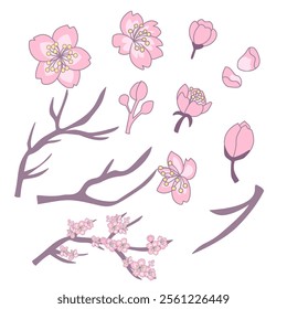 Hand-Drawn Sakura Petals and Branches Flat Illustration Vector Editable Graphic Pack